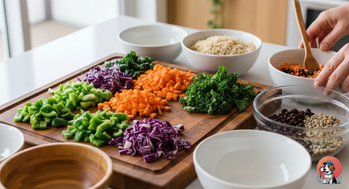 Homemade organic parrot food prepared with vegetables, grains, and legumes