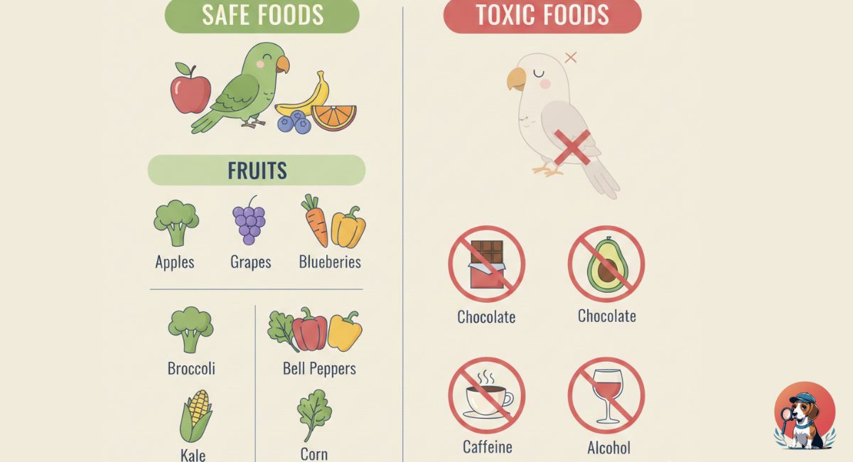 Visual chart showing safe foods and toxic foods for parrots