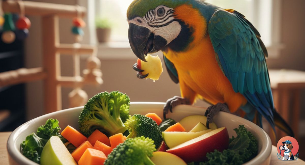 Pet parrot eating fresh fruits and vegetables from a balanced diet bowl