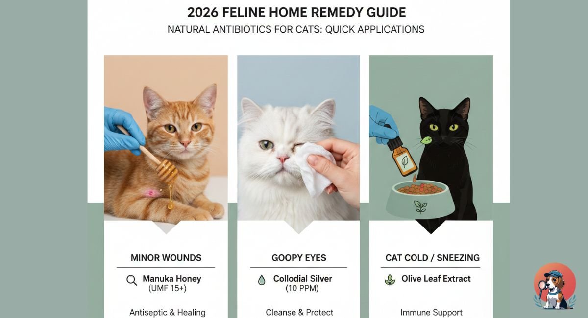 Infographic of natural antibiotics for cats: Manuka honey for wounds, colloidal silver for eyes, and olive leaf extract for colds.