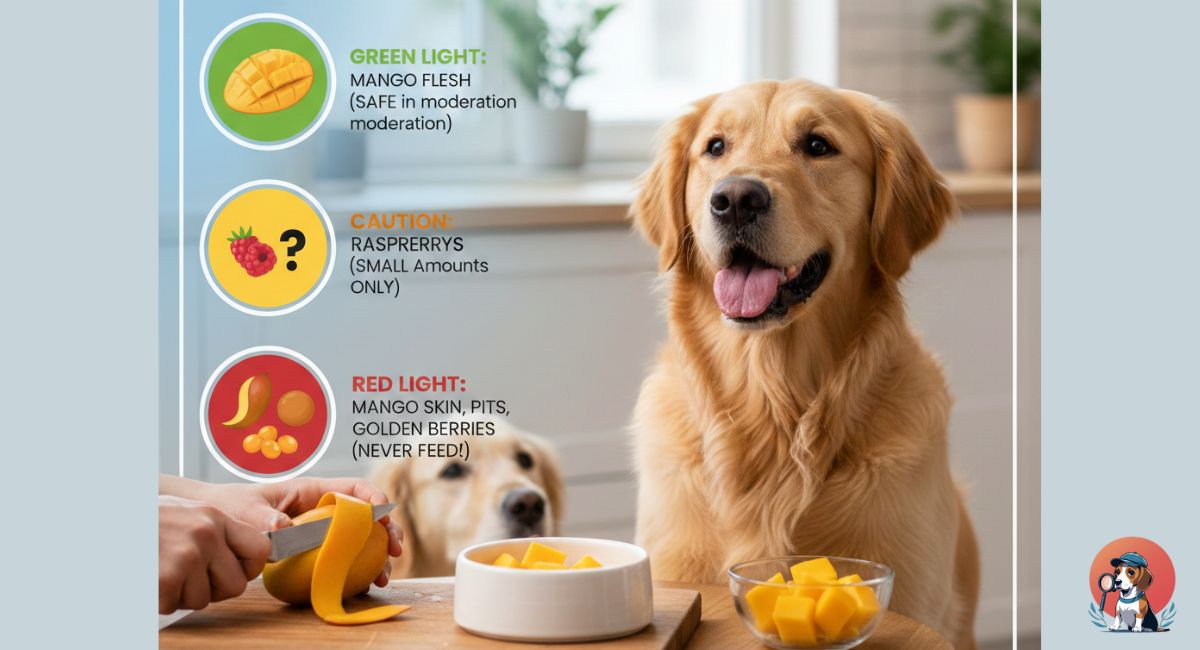 Dog food safety infographic showing a Golden Retriever next to safe mango cubes and a traffic light guide for tropical fruits.