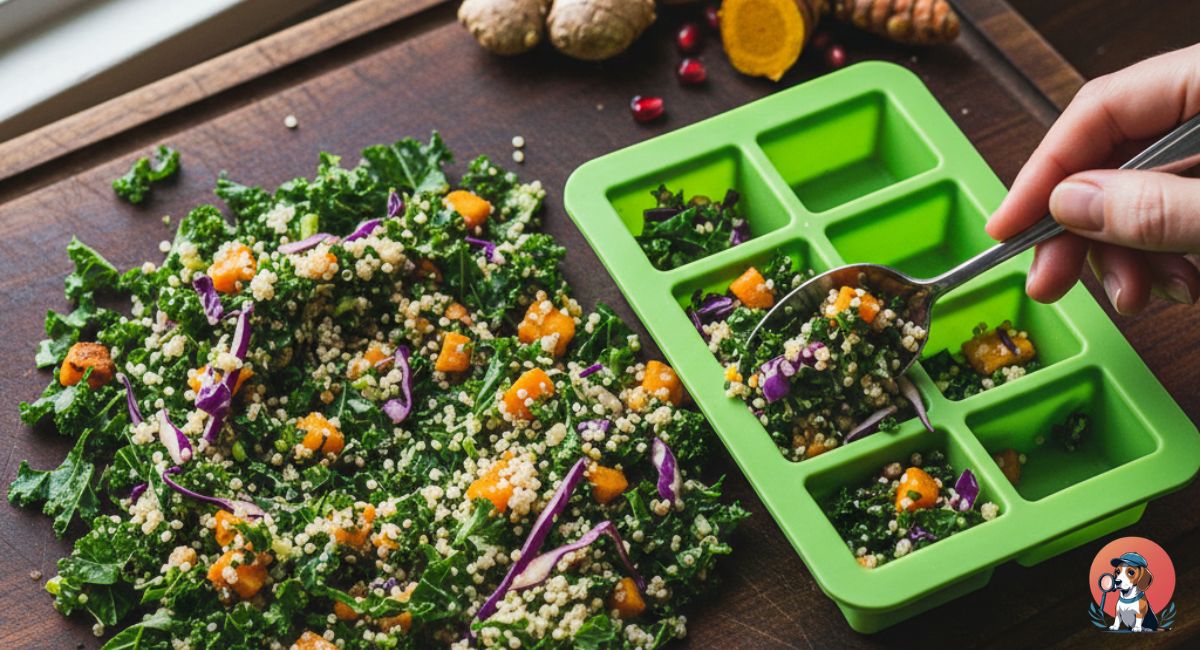 Prepared parrot chop mix in silicone ice cube trays for freezing.