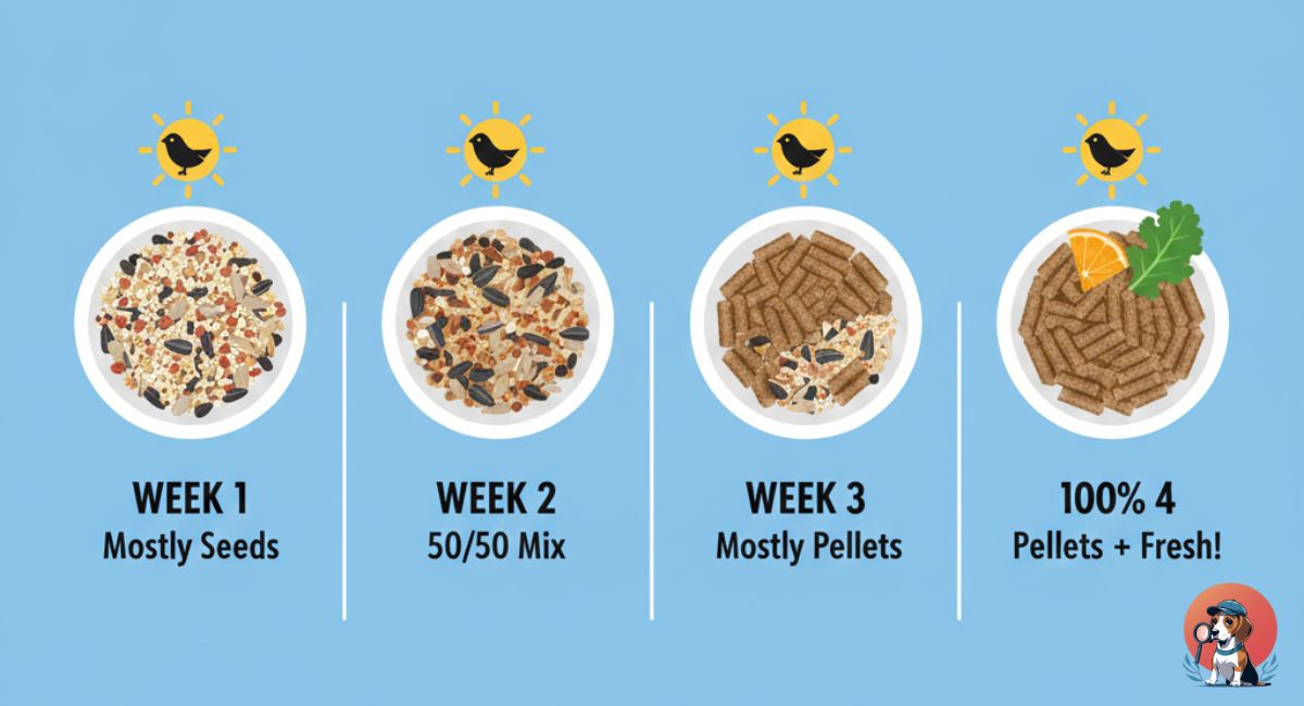 Infographic showing the gradual transition from bird seeds to healthy pellets over four weeks.