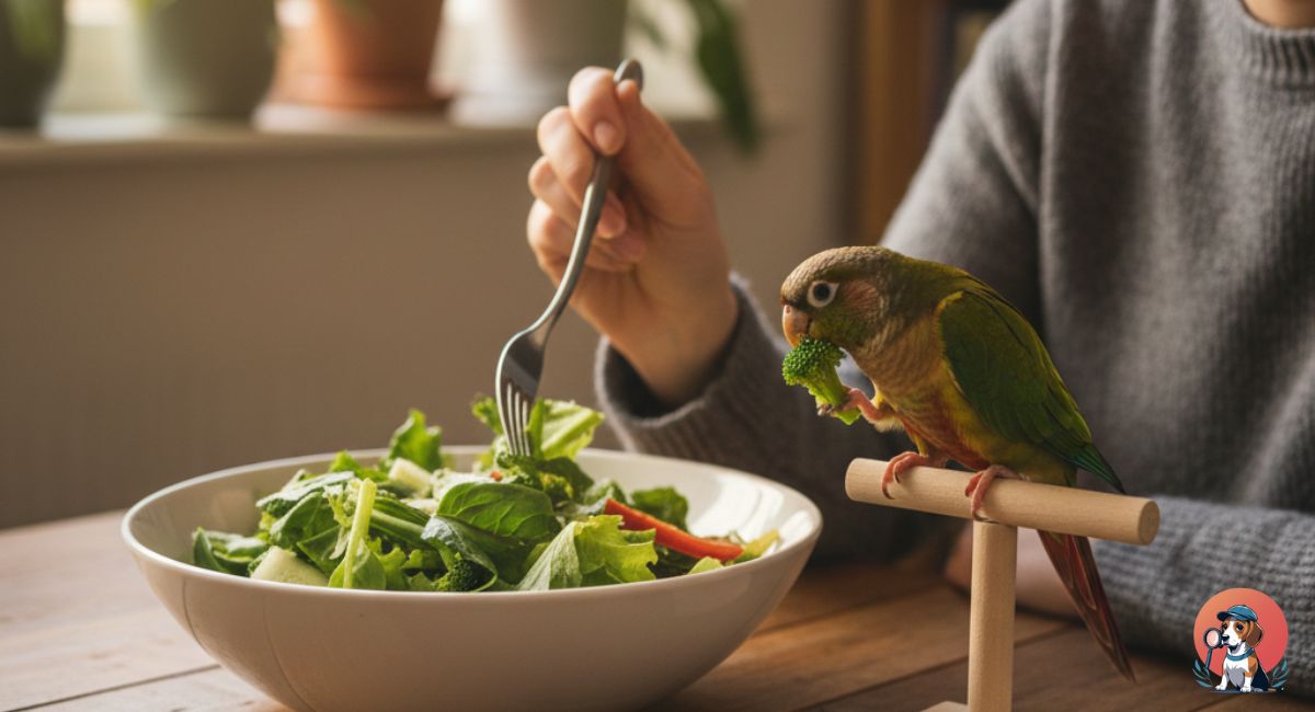 Person sharing a healthy meal of steamed vegetables with their pet Conure parrot.