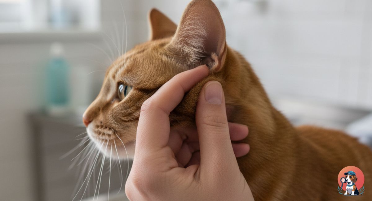 Close-up of a hand massaging the base of a cat's ear after applying antibiotic drops.