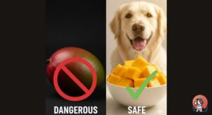 A side-by-side comparison of a whole mango (unsafe) and peeled mango cubes (safe) for dogs, featuring a happy dog in the background.