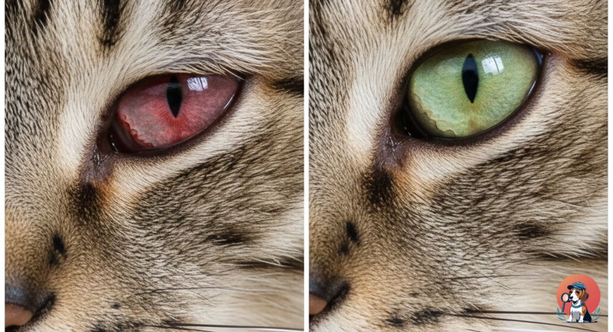 Side-by-side comparison of a cat's infected eye (redness/discharge) vs a healthy, recovering eye after treatment.