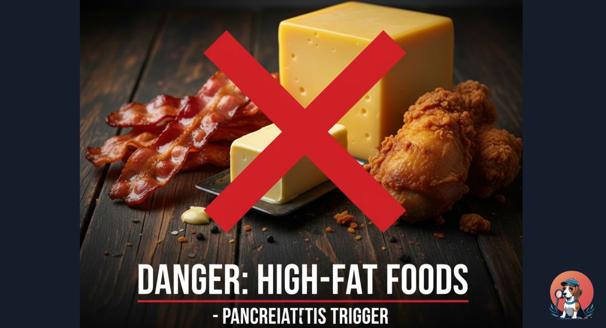 Dangerous high-fat foods for dogs with pancreatitis including bacon, butter, and fried chicken with a red cross mark.