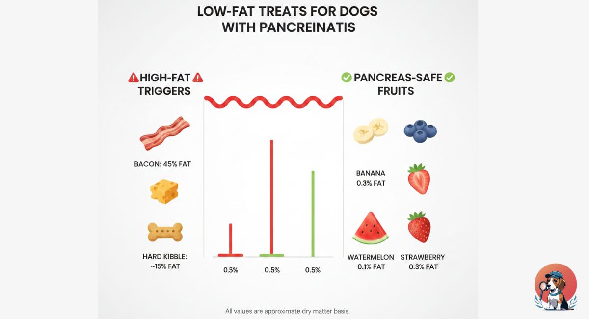 Chart comparing fat levels in bacon and cheese vs safe fruits for dogs with pancreatitis.