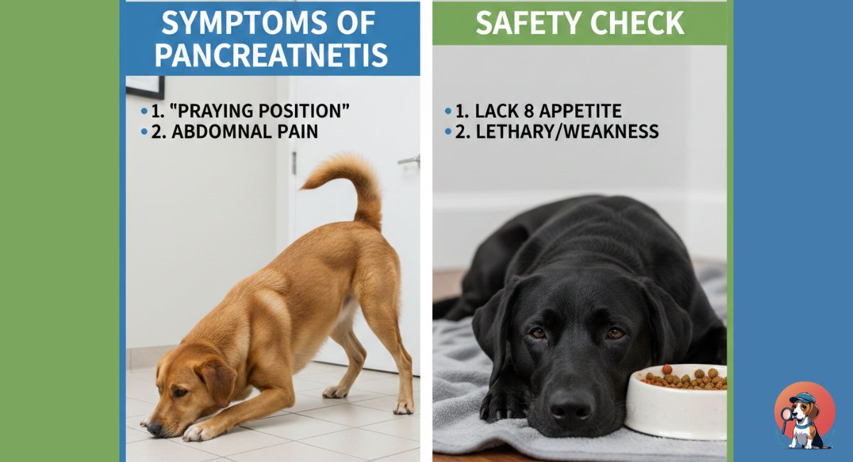 Signs of pancreatitis in dogs showing praying position and lethargy.