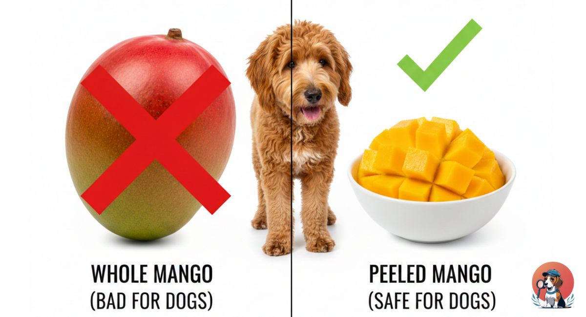 Comparison image showing a whole mango with an X and peeled mango cubes with a checkmark for dog safety.