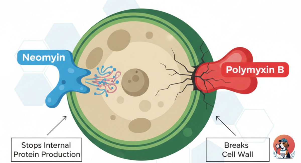 Diagram showing how Neomycin and Polymyxin B work together to kill bacteria.