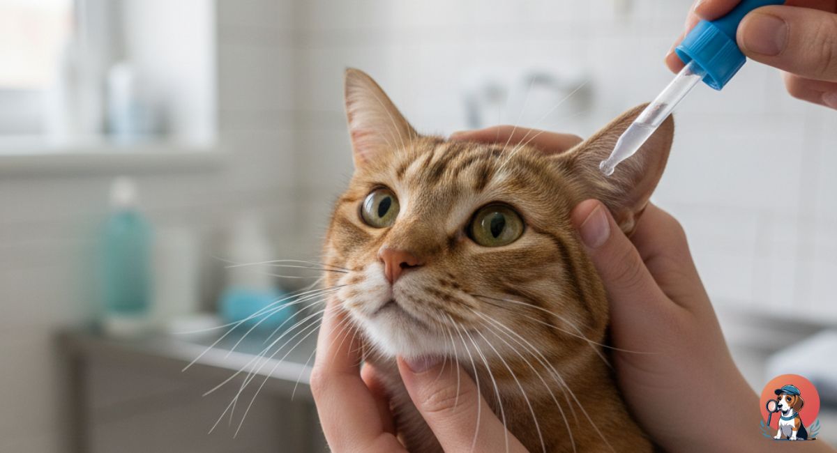 A veterinarian gently holding a cat's head from behind to apply neomycin eye drops safely.