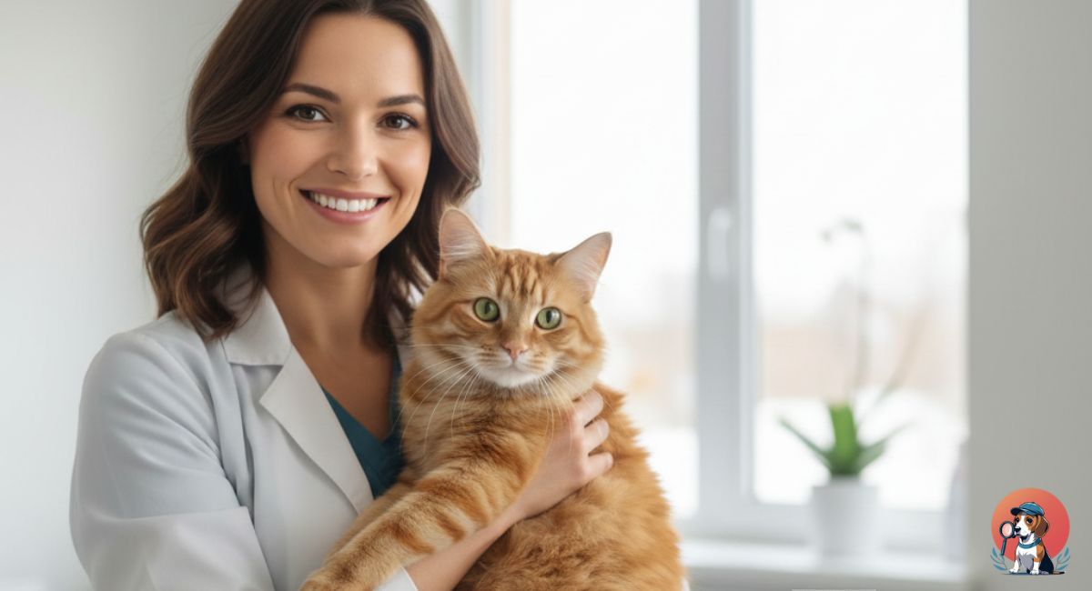Professional veterinarian holding a cat with a bottle of neomycin and polymyxin b sulfates medication.