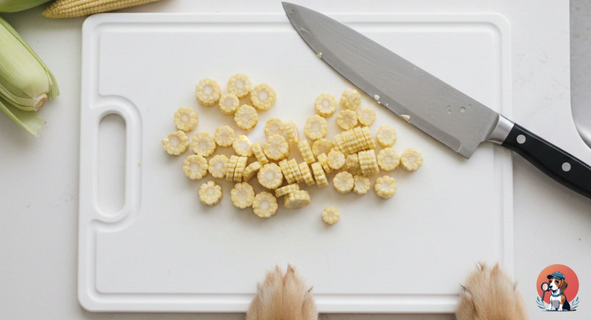 Slicing fresh baby corn into small pieces to safely feed a dog as a healthy treat.